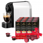 TCHIBO Cafissimo Easy White Capsule Coffe Maker + Espresso Elegant Aroma + Espresso Intense Aroma 2x(8x10)pcs 